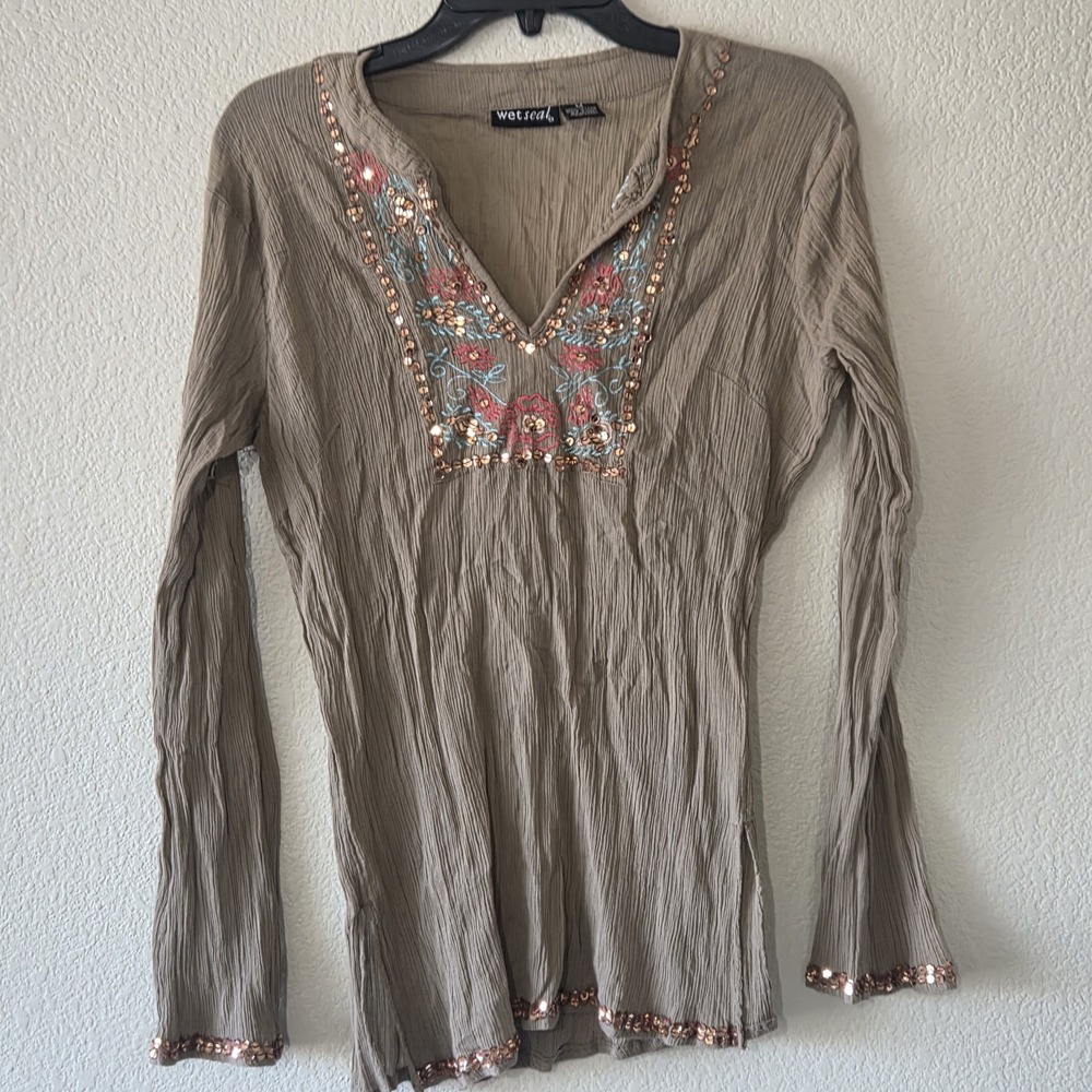 Vintage Wet Seal Top Beaded Sequins Shear Brown Medium Y2K Boho Fairycore Whimsy